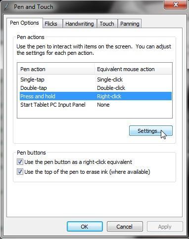Select Press and Hold under Pen Action, and click on Settings (Figure