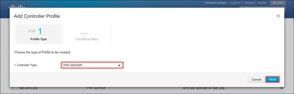 Step 5 Select Controller Type as PNP Server from the drop-down list and click on Next. Step 6 Enter the following and click Next.