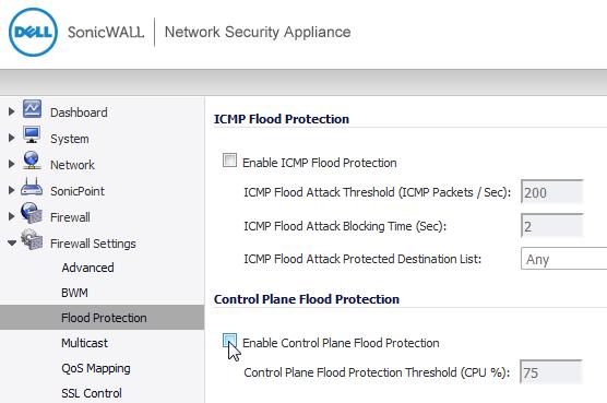 Control Plane Flood Protection The Control Plane Flood Protection section of the Firewall Settings > Flood Protection page provides a new Enable Control Plane Flood Protection checkbox together with