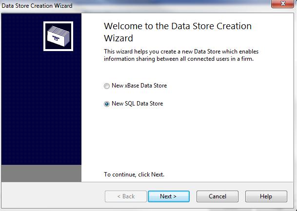 3. Click Create. The Data Store Creation Wizard opens. 4. Specify the type of store you want to create (either xbase or SQL). 5. Deciding which database to set up: a.
