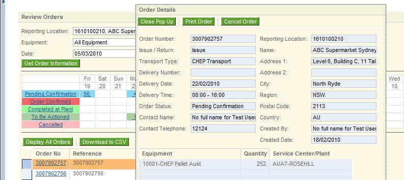 3.2 Review an order, continued 7 Click the Order No. Result: The Order Detail window will open: To.