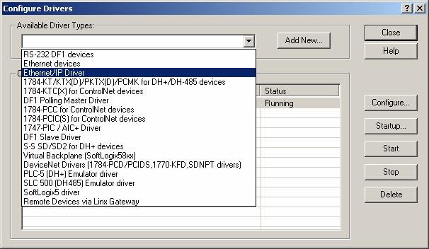 4. Under the Available Drivers Types drop down menu select EtherNet/IP Driver and the Add New button.