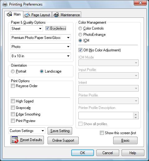 17. Select ICM as the Color Management setting, then choose Off (No Color Adjustment).
