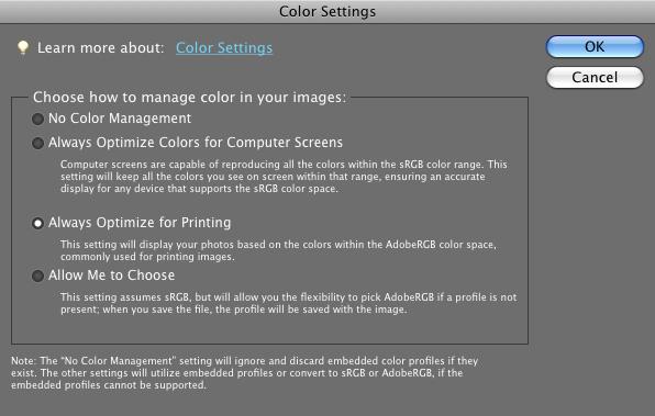 Mac OS X 10.5 First set up your color management environment in Photoshop Elements. Then select your print settings and print. Set Up the Photoshop Elements Environment 1.