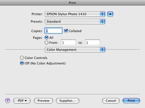 18. Select Color Management from the pop-up menu. 19. Select Off (No Color Adjustment). IMPORTANT: Select Off (No Color Adjustment) Note: Make sure that you select Off (No Color Adjustment).