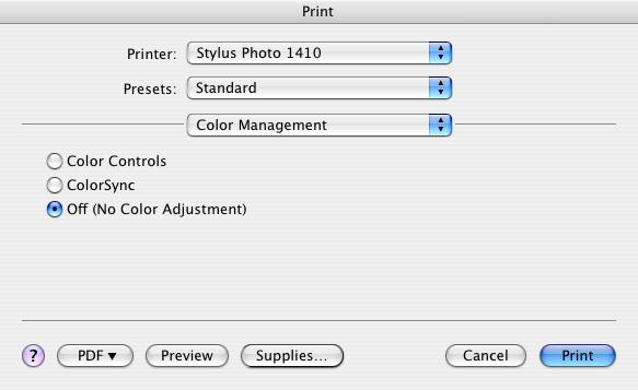 17. Select Color Management from the pop-up menu. IMPORTANT: Select Off (No Color Adjustment) 18. Select Off (No Color Adjustment). Note: Make sure that you select Off (No Color Adjustment).