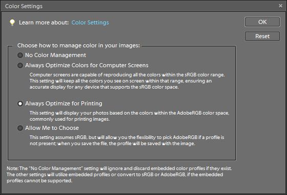 Windows Vista and XP First set up your color management environment in Photoshop Elements. Then select your print settings and print. Set Up the Photoshop Elements Environment 1.
