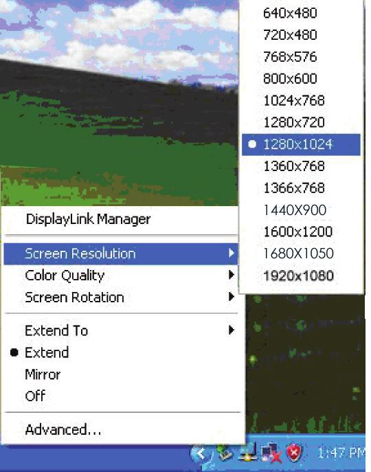 The utility allows you to quickly change the settings and resolution for DisplayLink Manager.