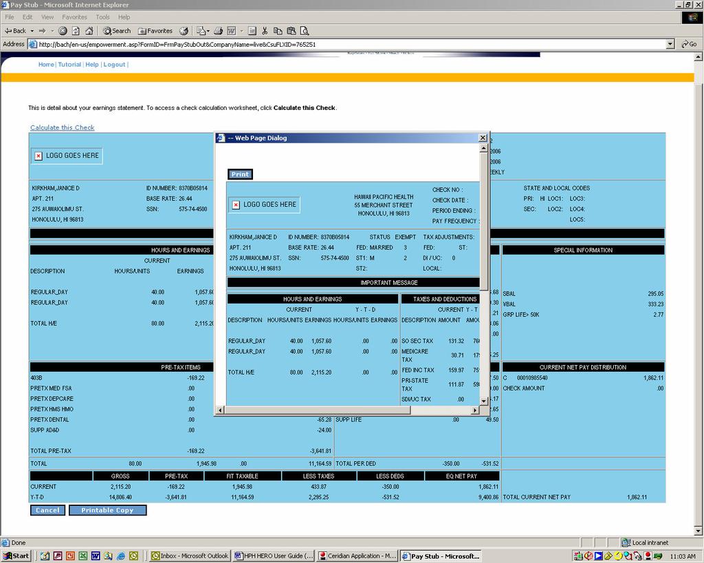 An additional window will open within the same page. To print a copy of this earnings statement, click on the Print button within the smaller window.