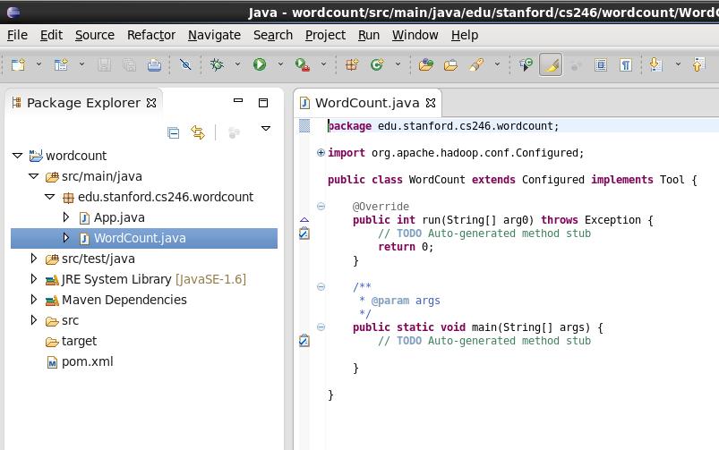CS246: Mining Massive Datasets - Problem Set 0 17 Figure 15: Create WordCount.java. Rather than implement a job from scratch, copy the contents from http://snap. stanford.
