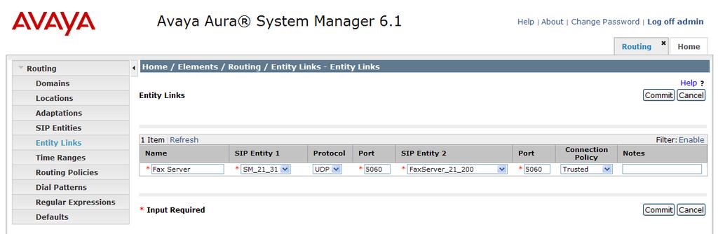 3. Create an Entity Link for the Fax Server A SIP trunk between Session Manager and a telephony system is described by an Entity link.