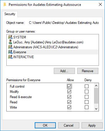 9) Select the Allow check box for Full Control in the Permissions for Everyone section. 10) Click the OK button. 11) Click the OK button. 17. Clean install Spectrum. 1) Log out of Audatex Estimating.