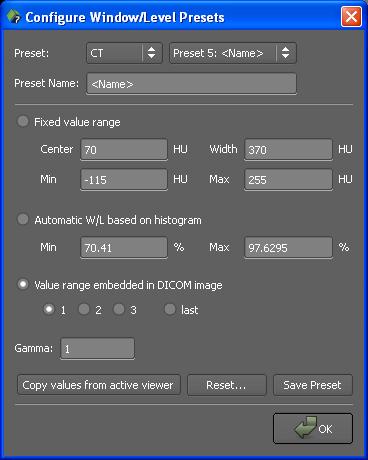Basic settings Customizing Visage 7 Client 2. Select the modality for which you want to define a preset and a preset number.