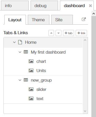 Fig. 15 - dashboard with two new nodes (slider and text) in a new column (new_group) In the dashboard tab beside your debug tab, you can also set the theme and order of the elements.