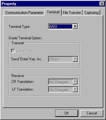 Initial IP Configuration 5. From the Property window s Terminal page, select ANSI or VT100 for Terminal Type, and click on OK.