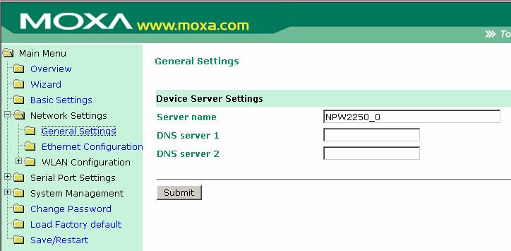 Web Console Configuration Network Settings General Settings Click on the General Settings option to modify the Server name and DNS server IP addresses or domain names.