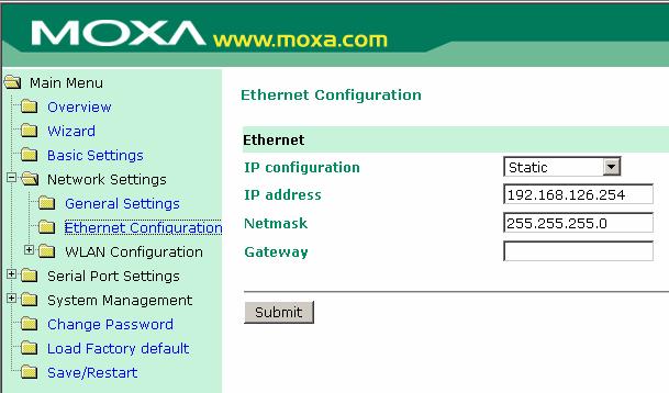 Web Console Configuration Ethernet Configuration You must assign a valid IP address to NPort W2250/2150 before it will work in your network environment.