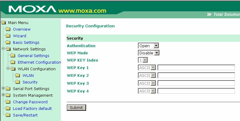 Web Console Configuration Security The wireless network interface supports data encryption (WEP, 64 or 128 bits) and authentication (Open or Shared authentication).