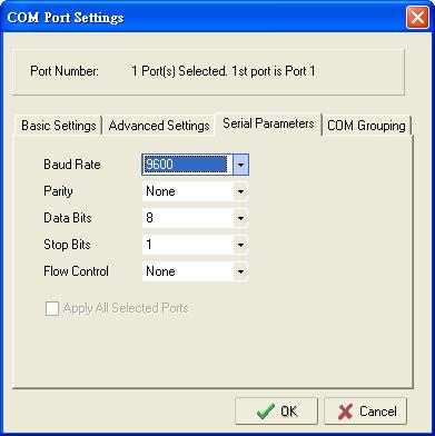 The Serial Parameter settings shown here are the default settings when the NPort