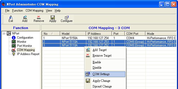 Configuring NPort Administrator Deleting a COM Group Follow the steps below to delete a COM Group and then auto-assign COM numbers for each port in the Group: 1.