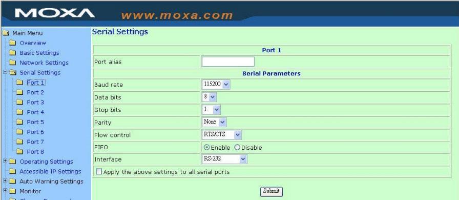 Getting Started To modify serial settings for a particular port, click on the Port Number under Serial Settings, located under Main Menu on the left side of the browser window.