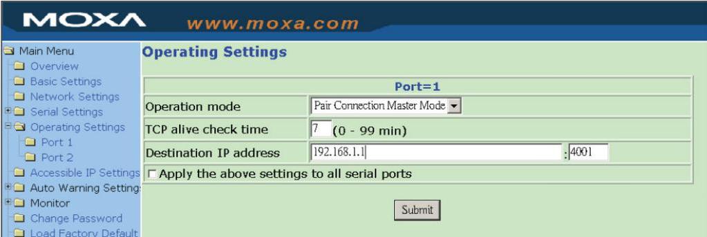 Advanced Operation Mode Settings Pair Connection Mode Pair Connection Mode employs two NPort device servers in tandem, and can be used to remove the 15-meter distance limitation imposed by the RS-232