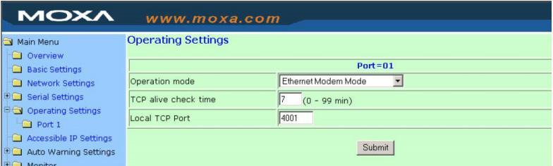 Advanced Operation Mode Settings Ethernet Modem Mode (for the NPort IA5000/IA5000A, NPort 5000A, NPort 5000AI-M12, NPort 5100 series only) Web Interface for the NPort 5000 and NPort IA5000 Series Web