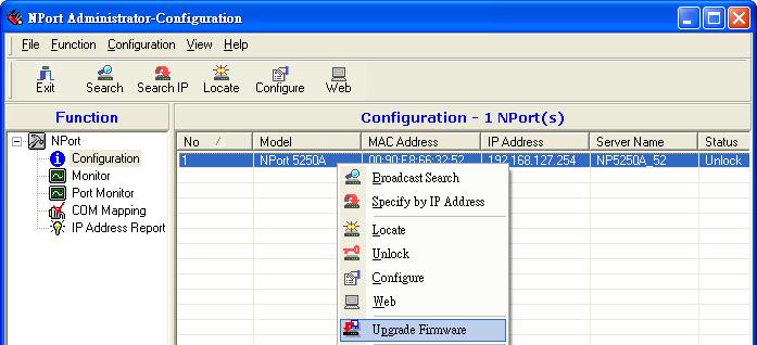 Configuring NPort Administrator 2. Unlock the NPort you wish to configure.