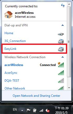 If 3G data connection is established first time, the dial-up connection settings named EasyLink will automatically created.