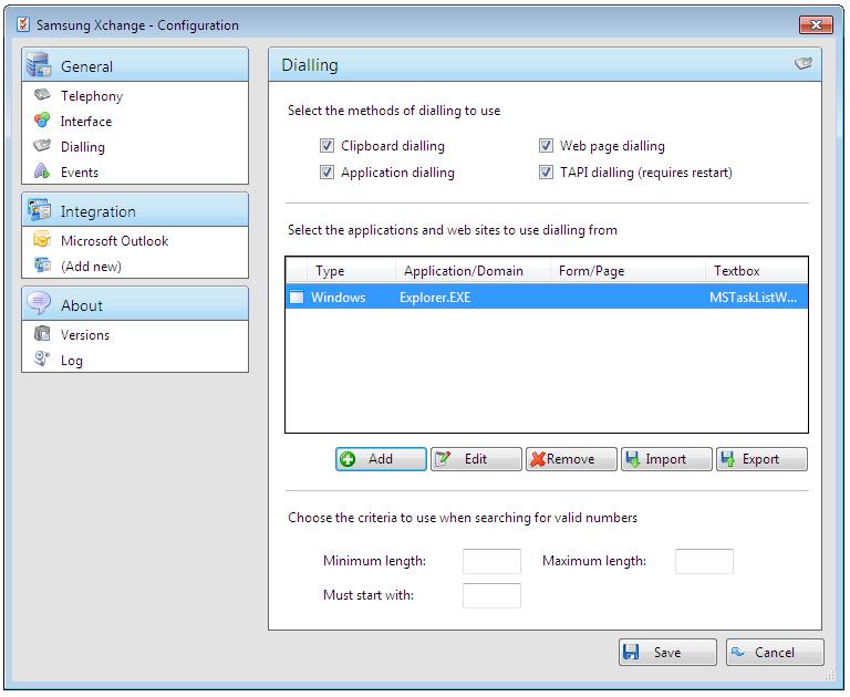 Dialling settings This page allows you to turn on and off dialling from all the different types of application that the software supports.