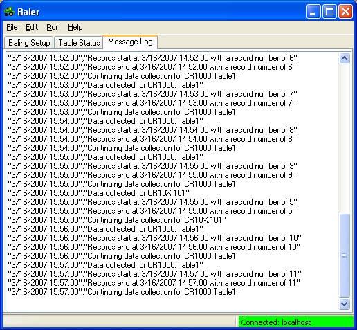 Message Log tab - The Message Log displays status messages that reflect the LoggerNet server's data collection attempts with the dataloggers, and the operation of the Baler.
