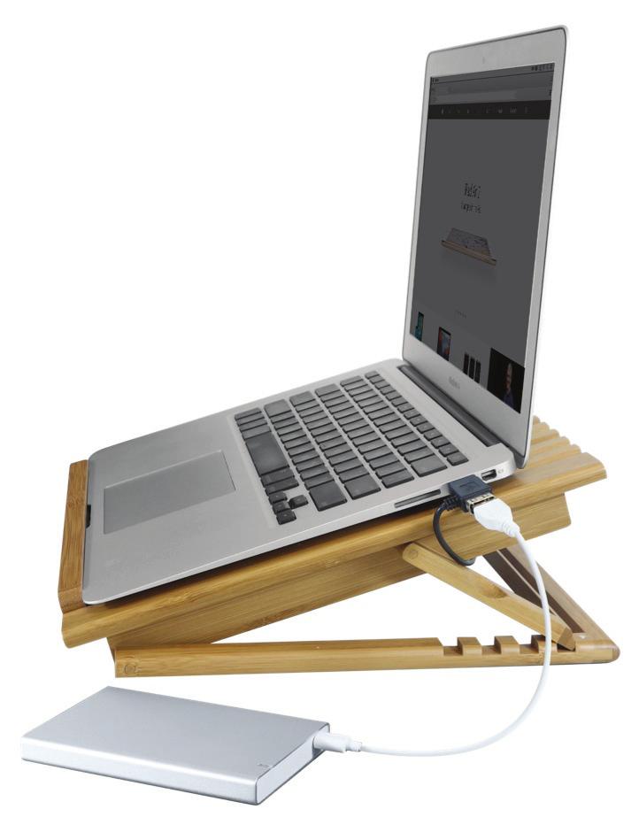Bamboo cooling stand for laptop computer Five adjustable heights to improve typing and viewing comfort Collapses into low profile for easy storage Elegant design to match