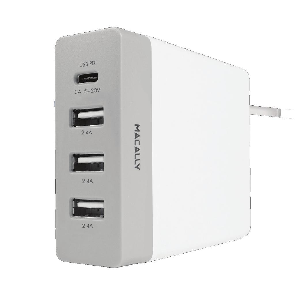 72W USB-C/USB-A Wall Charger Four USB ports to charge four mobile devices simultaneously USB-C port (5-20V/3A) to quickly charge a USB-C powered