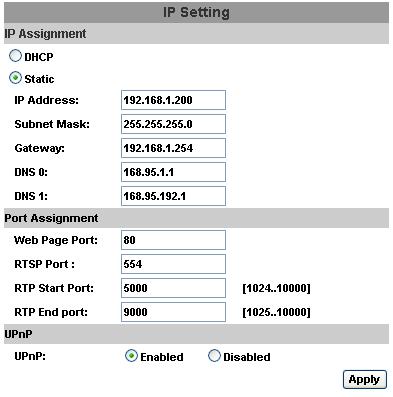 B.Network i IP Setting IP Camera supports DHCP and static IP. a. DHCP:Using DHCP, IP Camera will get all the network parameters automatically. b.