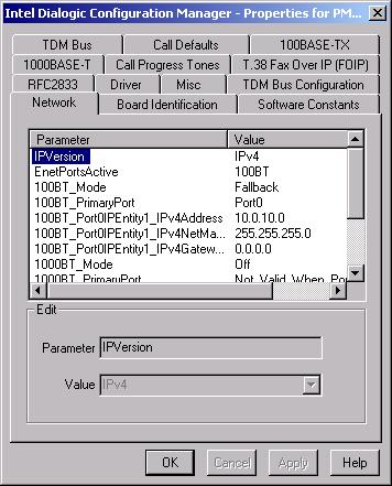 Intel Dialogic Configuration Manager (DCM) Details Figure 2. Network Property Sheet The property sheet s parameters and current value are displayed in the property sheet window.