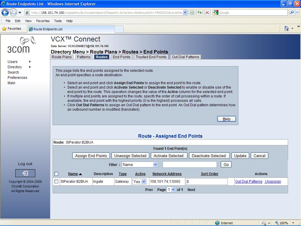 f. The Endpoint Aspect should be listed as shown 8. Click Patterns Tab and create a pattern if needed that a call must match in order for VCX to send the call to the SIParator server.