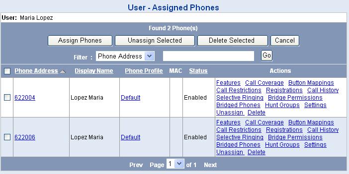 Configuring Phone Features 143 Figure 25 User - Assigned Phones Page The Action column provides links to the following phone feature configuration options: Features Clicking this link allows you to