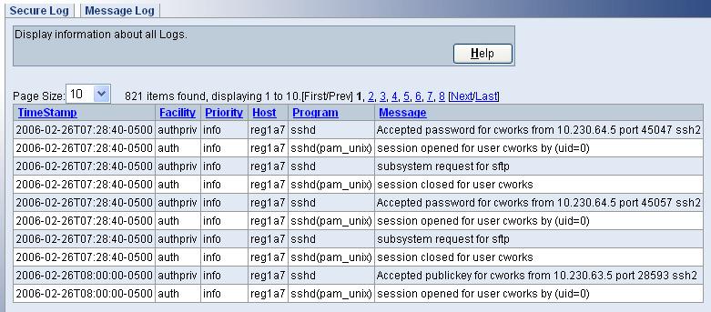Viewing the Event Logs 29 Figure 1 Audit Trail Logs Page There are two tabs at the top of the display, Secure Logs and Message Logs. The Secure Logs page displays authentication events.