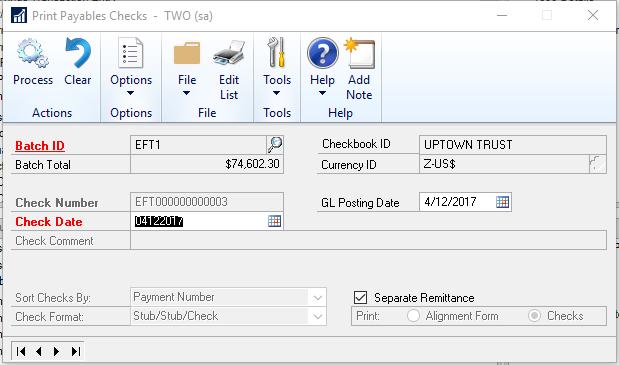 Once you hit the Process button the print the checks, the Process Remittance window will open.