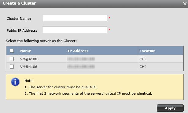 Configure a Cluster Name and Public IP Address in the relevant fields, and select the check boxes of the servers you