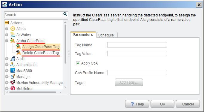Action Delete ClearPass Tag Description Instruct the ClearPass server, handling the detected endpoint, to delete the specified ClearPass tag from that endpoint. A tag consists of a name-value pair.