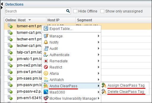 3. Select any of the following actions: c. Assign ClearPass Tag. Continue with step 4. d. Delete ClearPass Tag. Continue with step 5. 4. If you selected the Assign ClearPass Tag action, define the following in the Parameters tab: a.