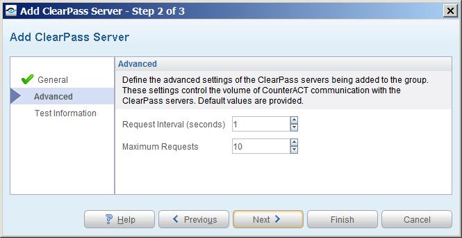 a. In the Request Interval field, define the recurring interval, in seconds, during which the Connecting Device can send requests to any ClearPass server member of the ClearPass server group. b.