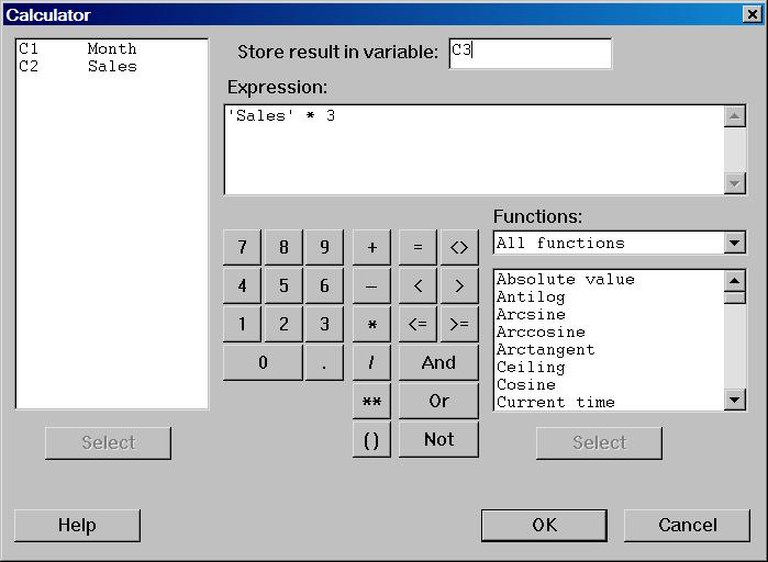 The left pane of the Calculator window contains all available variables (Columns) of the active worksheet. In our case there are just two: C1 and C2.