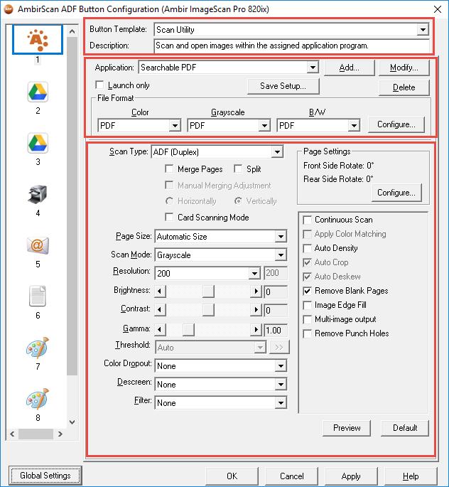 Button 1: Searchable PDF The screenshot below shows the default installation configurations for AmbirScan ADF software.