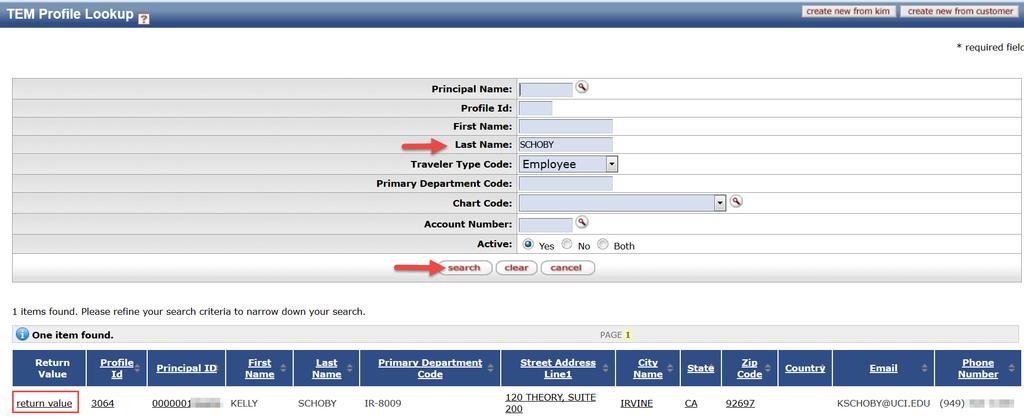 Employee Vendor One Time Payee or Student Users can select the Traveler Lookup icon (click on the magnifying