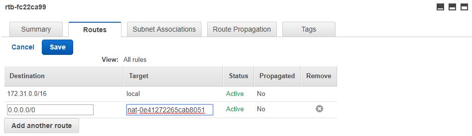Mediant Cloud Edition SBC 14. Change the default route entry (0.0.0.0/0) so that it points to the NAT gateway that you created previously, and then click Save to save your changes.