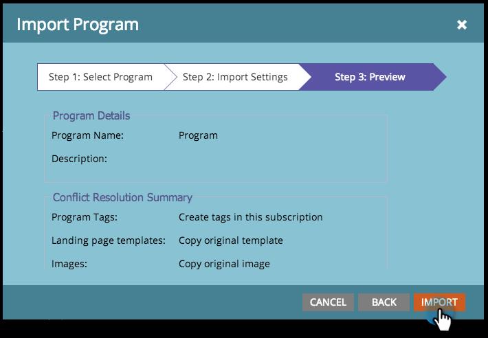 A dialog displays the program import progress. You will receive an email confirmation once the import has finished.
