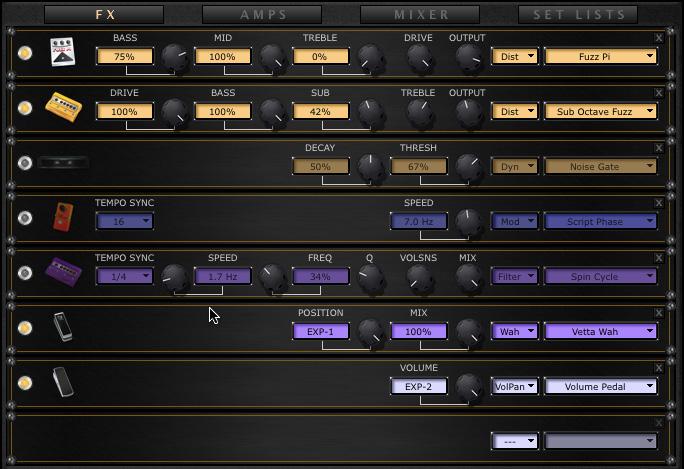 Editing FX & Amps Editing FX & Amps This area of the GUI offers a row of buttons to display each of the different Edit Panel Views - FX, Amps, Mixer, Controllers and Set Lists.