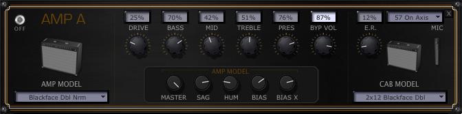 Editing FX & Amps Amp Off (bypassed) BYP VOL becomes available The Amp Panel with Amp Model bypassed Amp Model selector - Click on the Amp Model menu to select an Amp or Preamp Model.